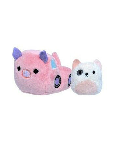 Pink and purple pig Squishmallow car plush with white and black cat Squishmallow tiny plush.