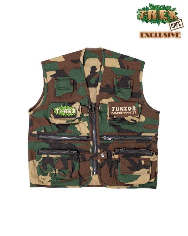 Camouflage print vest with zipper pockets and T-Rex Cafe and "Junior Paleontologist" embroidery.