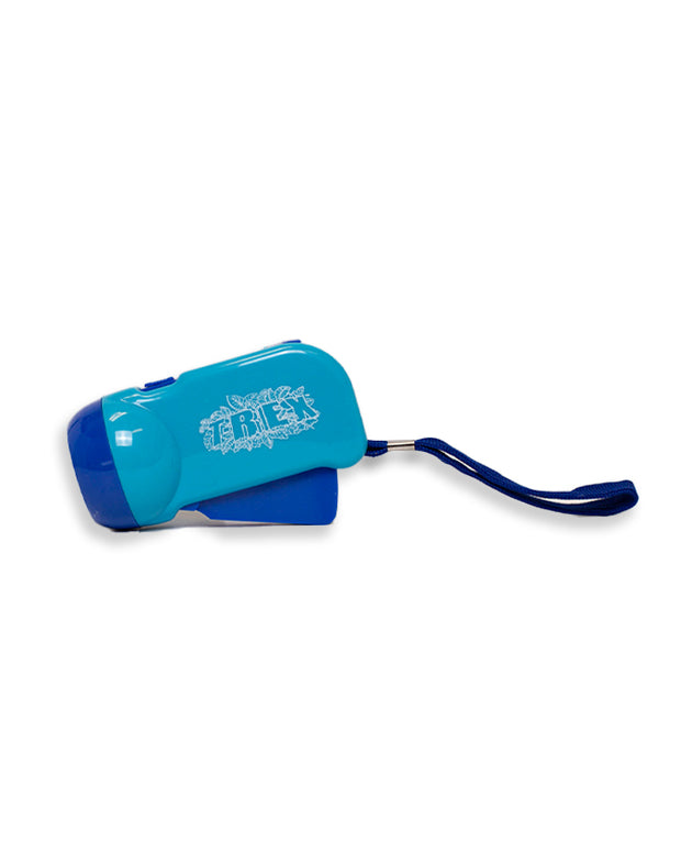 Dark and light blue mini flashlight with wrist strap and T-Rex Cafe logo on the side.