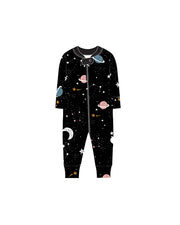 Graphic design illustration of all black romper with cartoon galaxy pattern,