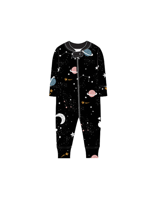 Graphic design illustration of all black romper with cartoon galaxy pattern,