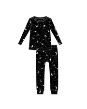 Graphic design illustration of all black pajama set with cartoon galaxy pattern.