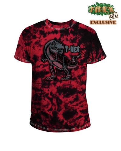 Red and black tie-dye t-shirt with a T-Rex on center. Word "T-Rex" on top left side of t-rex image. 