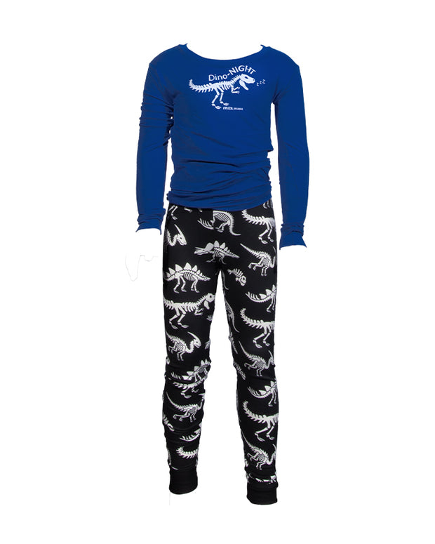 Blue long sleeve tee with dinosaur skeleton that says 'Dino-NIGHT" and black pants with dinosaur skeleton pattern.