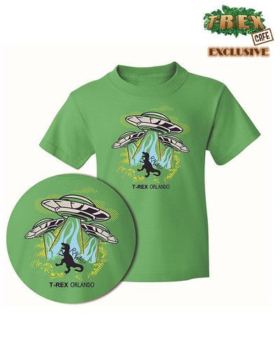 Green shirt with graphic of T-Rex getting taken away by 3 UFOs.