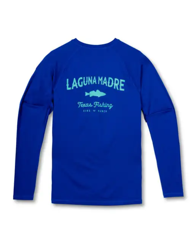 Back of tree with "Laguna Madre Texas Fishing" logo in teal.