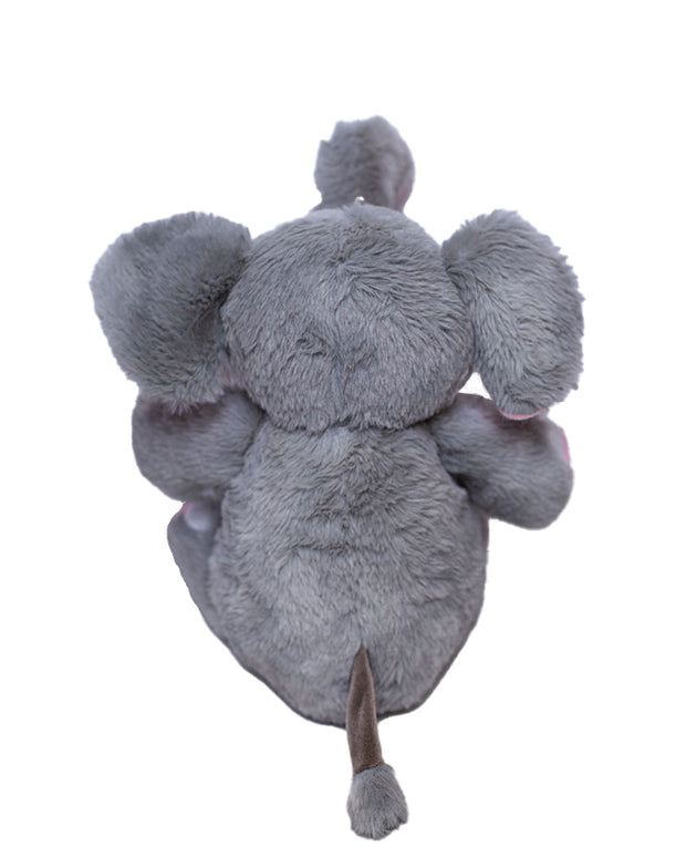 Back view of Tuki the Elephant plush in front of white background.