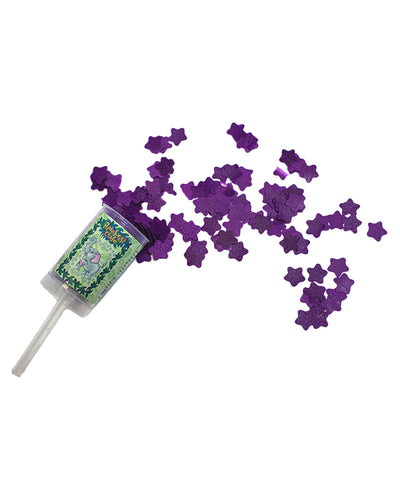 Tuki the Elephant Push-Pop Confetti in front of white background with purple star confetti popping out.