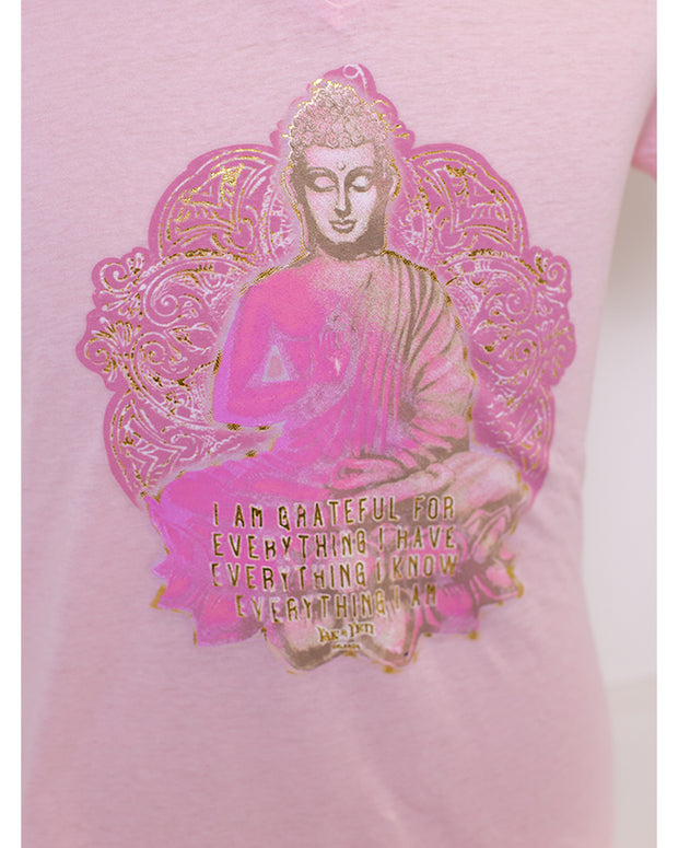 Close up of Buddha design that reads, "I Am Grateful For Everything I Have, Everything I know, Everything I am"