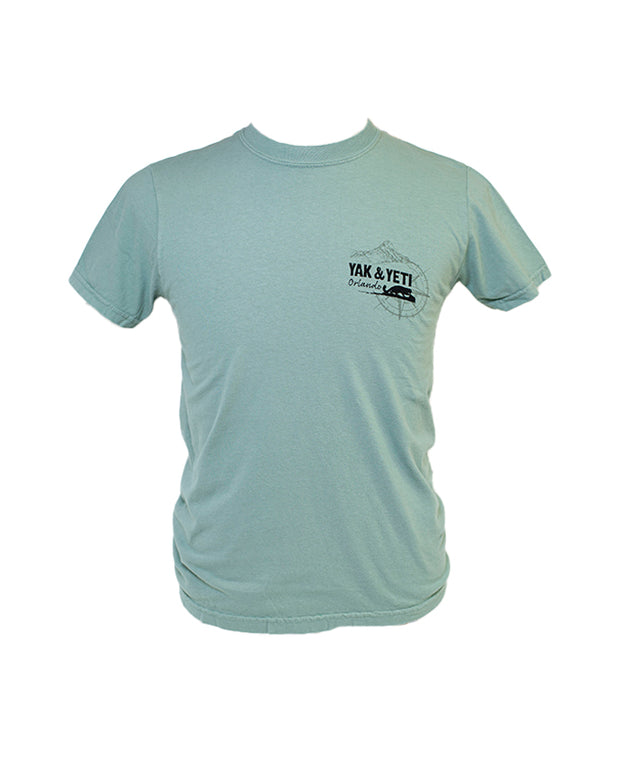 Front of light blue tee with Yak & Yeti Orlando branding in left chest area.