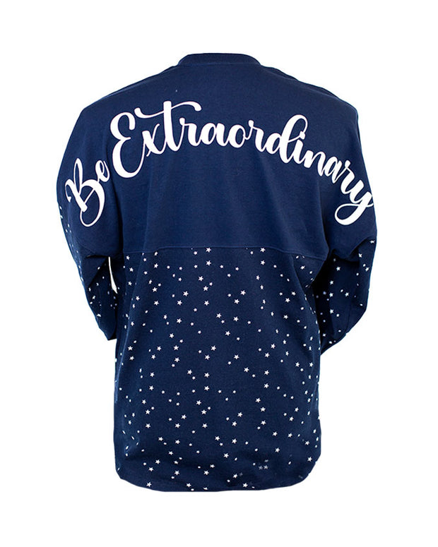 Back/shoulder design that says "Be Extraordinary" in white cursive font.