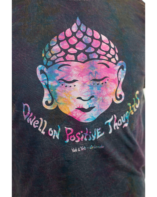 Close up look at center chest design featuring rainbow Buddah head and quote. 