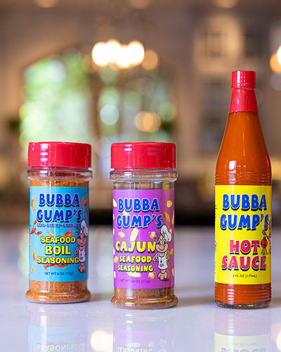 Bubba Gump seasoning set including Bubba Gump Seafood Boil and Cajun Seafood Seasoning, as well as Hot Sauce.