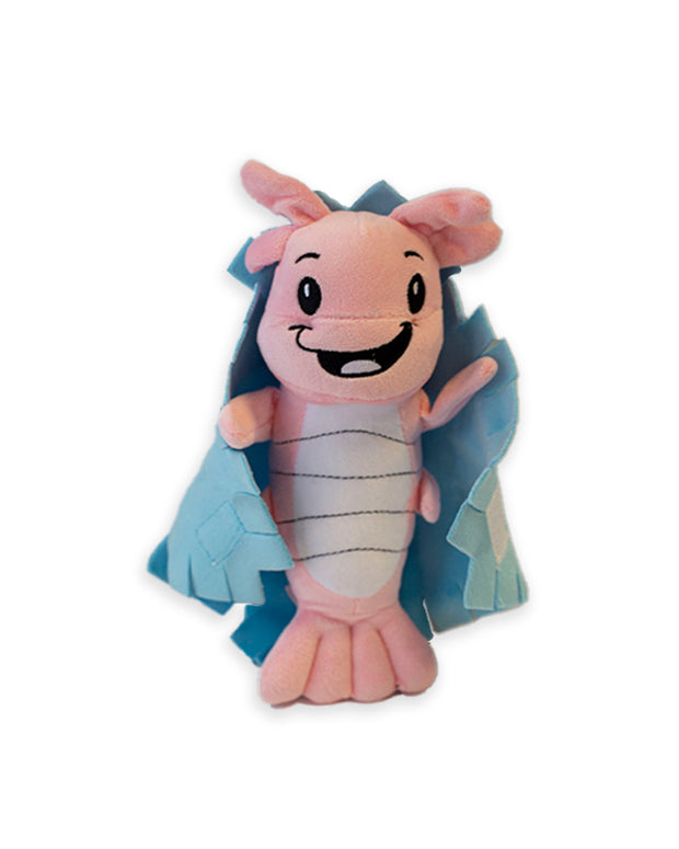 Pink Shrimp Louie plush with a smiling face taking off blue blanket.