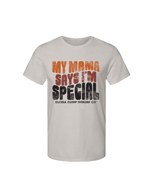 Sand ringspun cotton tee with "My mama says I'm special" in orange ombre retro font and "Bubba Gump Shrimp Co" underneath it.