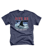 Grey tee with "Bite Me" and picture of shark fin coming up from water underneath it.