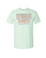Mint color short sleeve adult tee with light orange and light blue front graphics. The shirt graphics say, "Stupid is as stupid as Bubba Gump Shrimp Co." The graphics has a winking smiley face instead "o" in word "does"