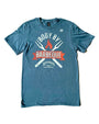 Blue cotton tee with "Body By Barbeque" grill fork design above Saltgrass logo.