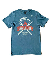Blue cotton tee with "Body By Barbeque" grill fork design above Saltgrass logo.