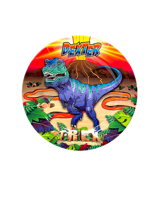 Blue and purple Dexter the T-Rex in front of an erupting volcano background on plate.