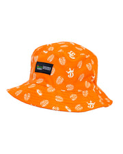 Bright orange bucket hat with white palm leaves, white Draft Kings' logo, and black Draft Kings/Golden Nugget label stitched onto front.