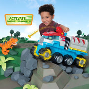 Example of motorized wheels being activated as child plays with set in front of background.