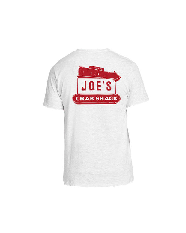 Back of shirt with Joe's Crab Shack logo in red.