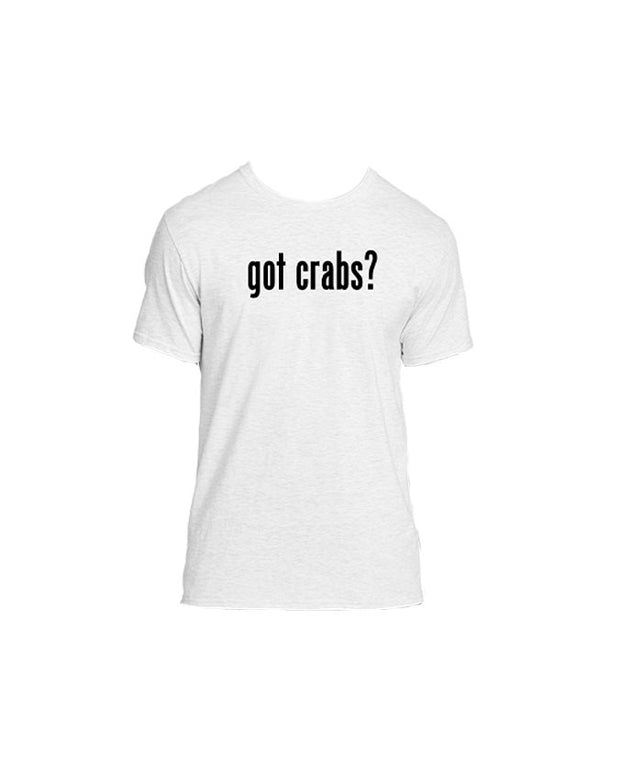 Front of shirt with "got crabs?" in black front.