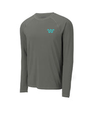 Grey long sleeve with teal King Ranch logo on left chest in front of white background.