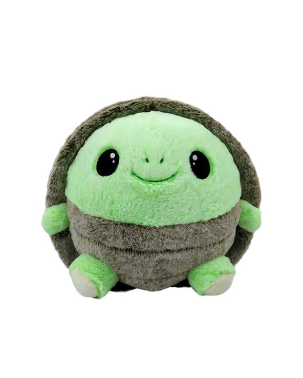 Soft circular green turtle plush with brown shell.