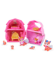 Pink egg opened up to reveal house playset, 2 big figures, 4 small figures, and furniture.