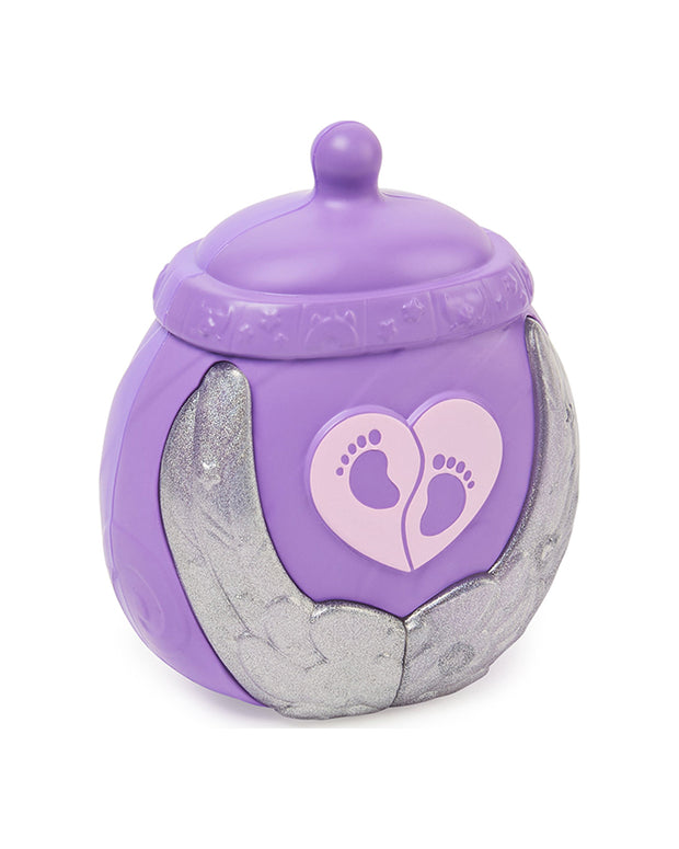 Close up of purple container with baby footprints logo in center.