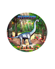 Heartford the Apatosaurus in front of a rainforest meadow background on plate.