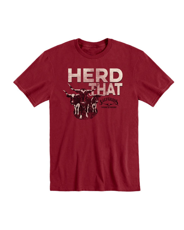 Red cotton tee that says "Herd That" with graphic of longhorn herd and Saltgrass logo.