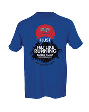 Carson blue cotton tee that says "I just felt like running" on the chest area in between a red Bubba Gump cap and a beard.