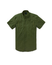 Olive green short sleeve collared shirt with chest zipper pockets in front of all white background.