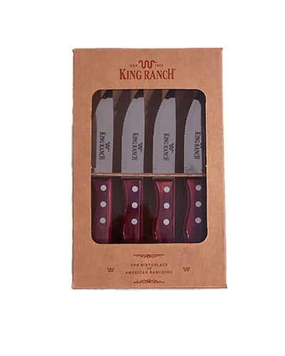 Brown box that contains 4 King Ranch branded steak knives in front of white background.