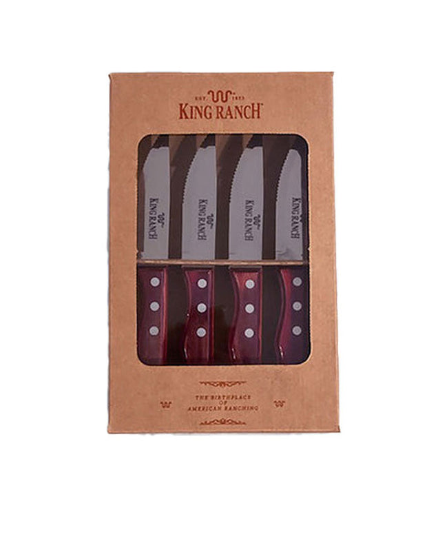 Brown box that contains 4 King Ranch branded steak knives in front of white background.