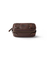 Dark brown leather dopp kit with buckle accents and King Ranch logo on top.