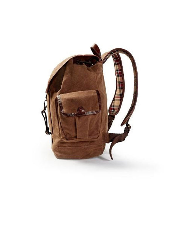 Side view of backpack showing plaid pattern underneath shoulder straps and side pockets.