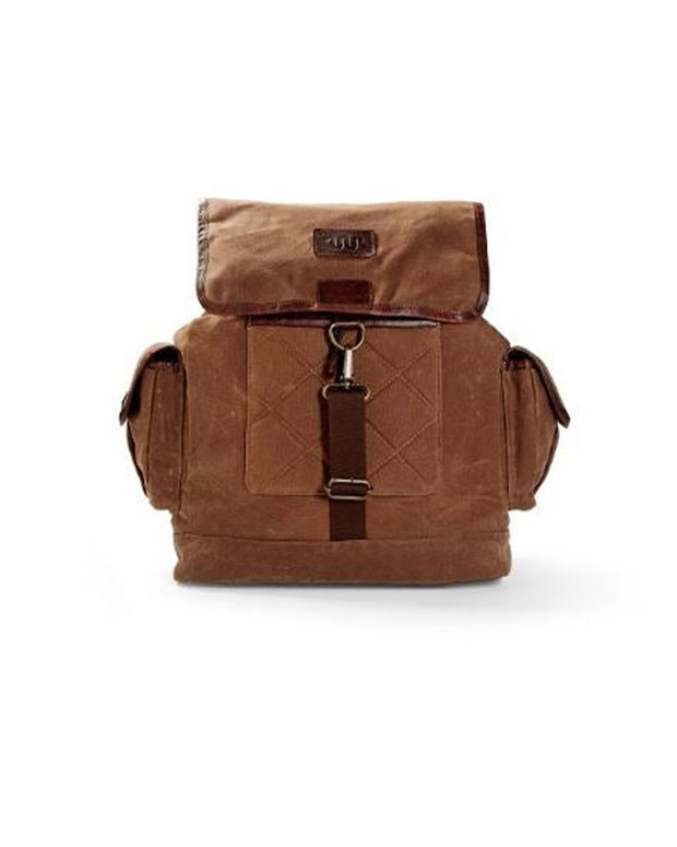 Light brown canvas backpack with side pockets and buckle and King Ranch logo on top with red "Ships Free" tag in top corner.