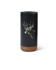 Black tumblr with cork bottom has off-white Whitetail design is in front of white background.
