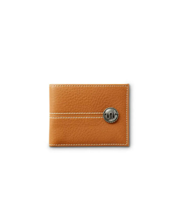 Light brown leather wallet with King Ranch silver button in front of white background.