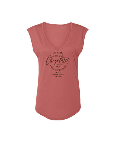 Ladies tank tee with text graphic on center "life is like a box of chocolates you never know what you're gonna get". underneath that text, 3 hearts followed with "bubba gump shrimp co."