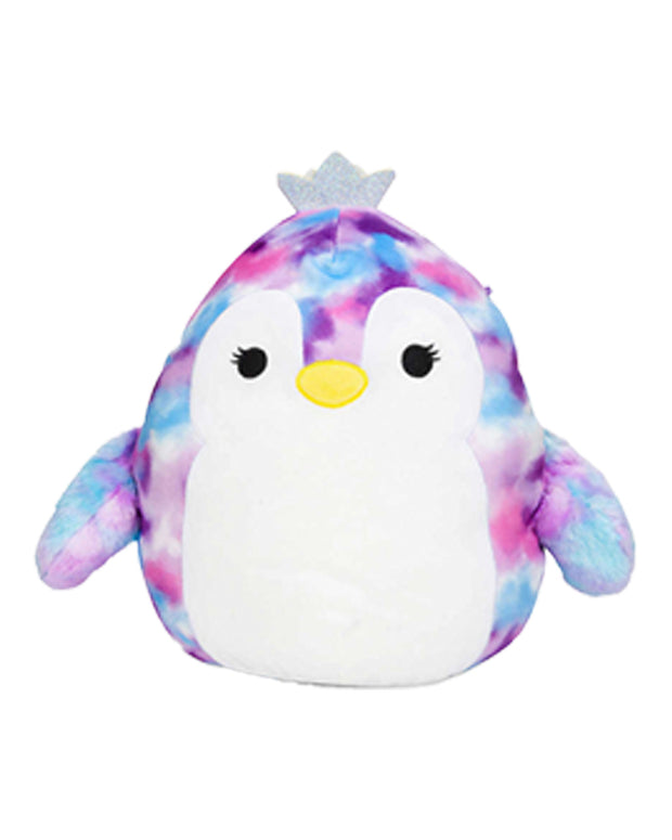 Purple and blue tie dye penguin with a glitter silver crown, white stomach, fins, and yellow nose.