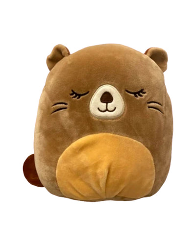 Dark and light brown beaver Squishmallow with closed eyes, smiling face, tiny ears, and whiskers.