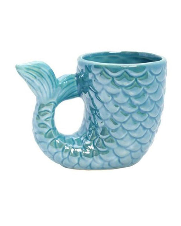 Ceramic teal mug shaped like a mermaid's tail with detailed scales and tailfin.