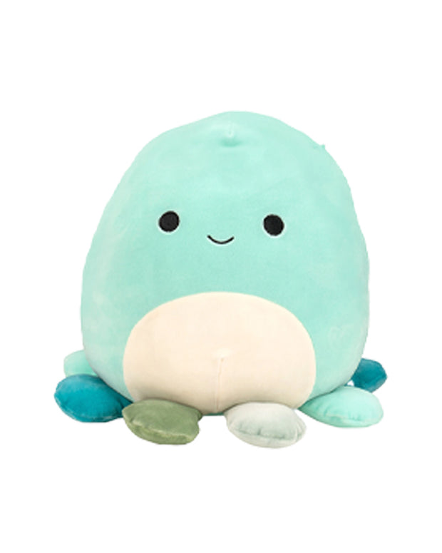 Light blue octopus Squishmallow with a smiling face, white stomach, and multicolored "tentacles"