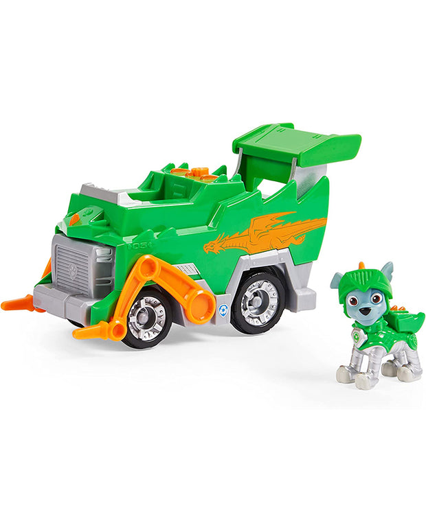 Rocky dressed in green and silver knight armor placed next to his matching vehicle with orange dragon decal.