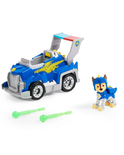Chase dressed in blue and silver knight armor placed next to his matching vehicle with yellow dragon decal and 2 green projectiles.